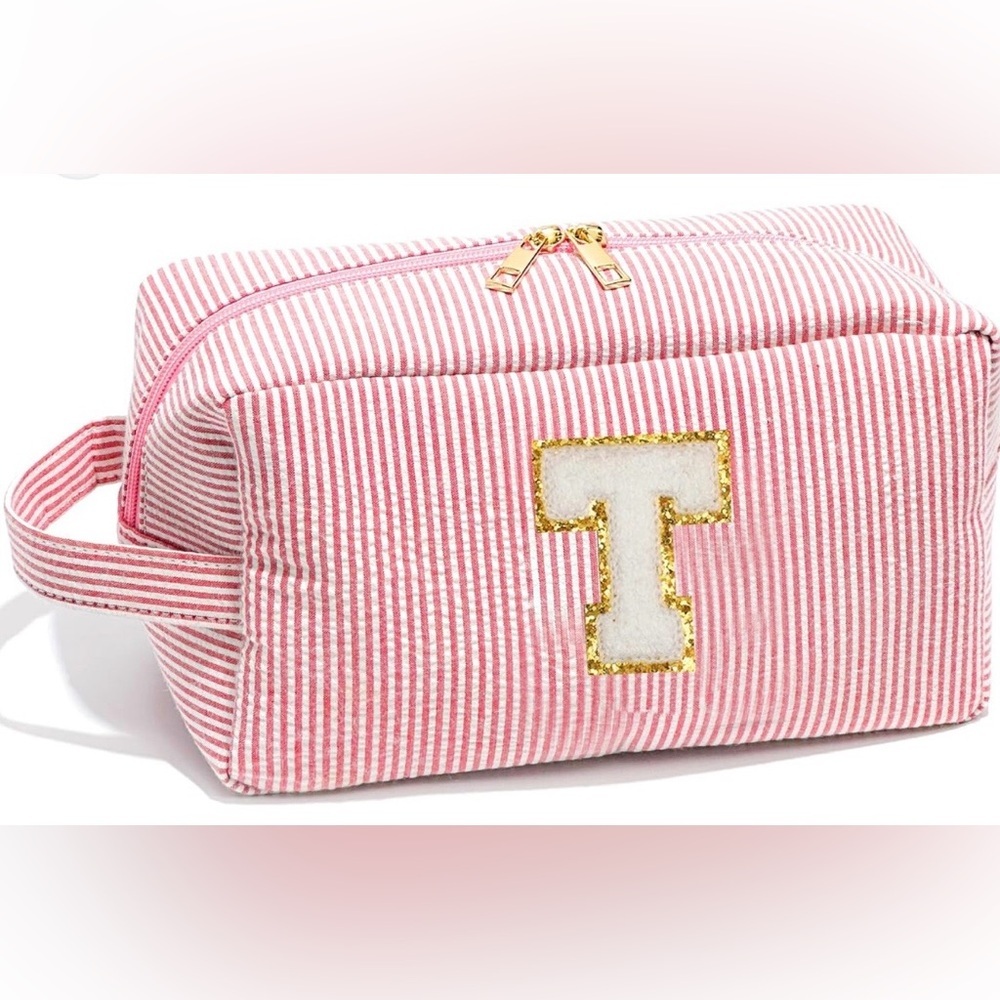 NEW! Red & White Stripe Letter T Makeup Bag